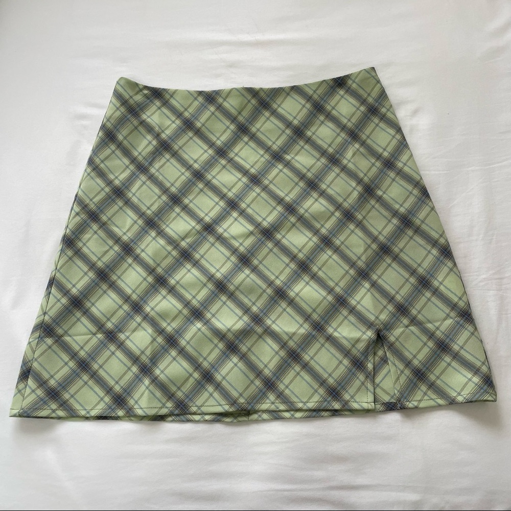 Green & Blue Plaid Slit Skirt